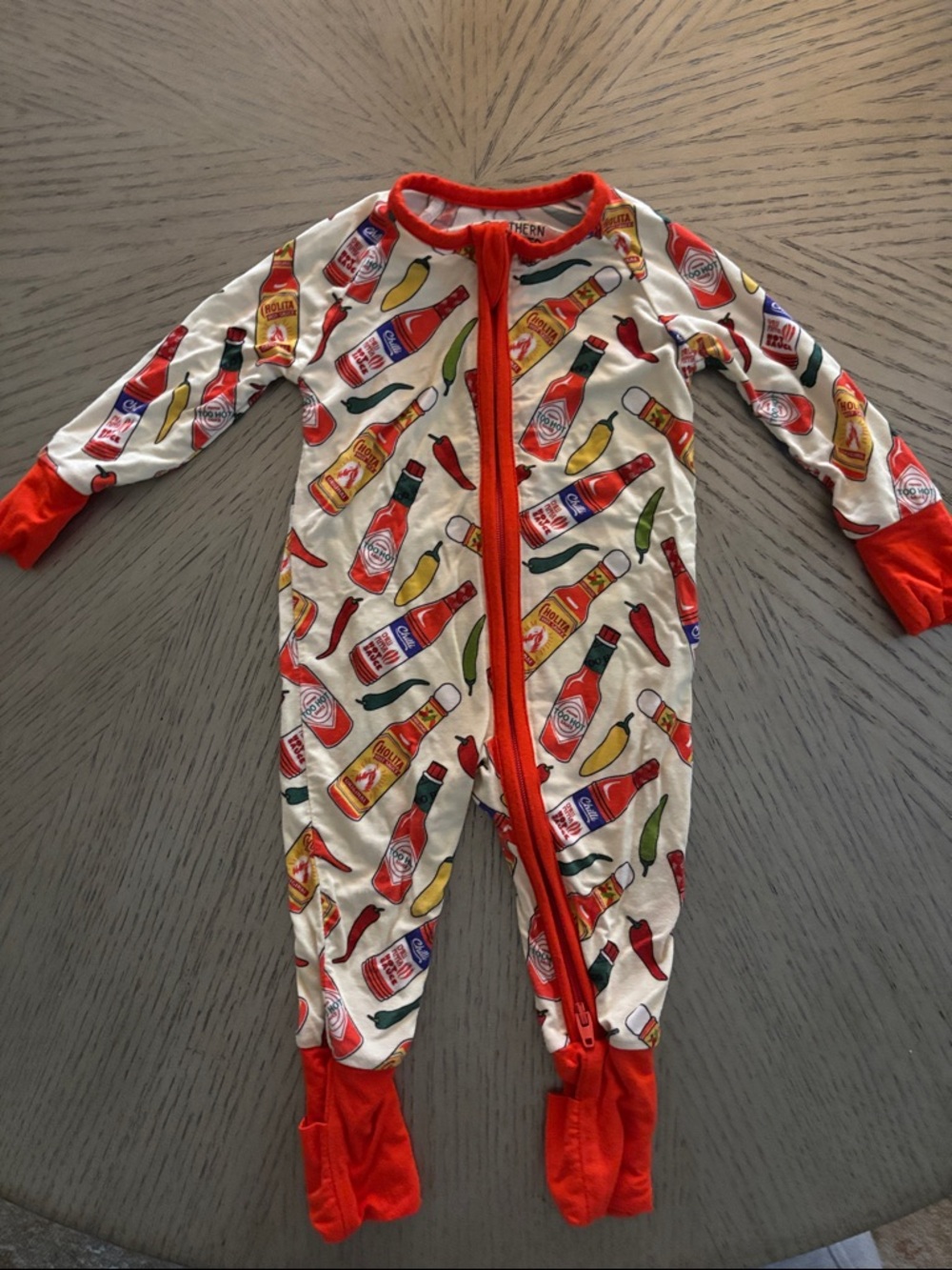 Southern Slumber Hot Sauce Print Kids  One-Piece Pajamas - Red Trim Bamboo